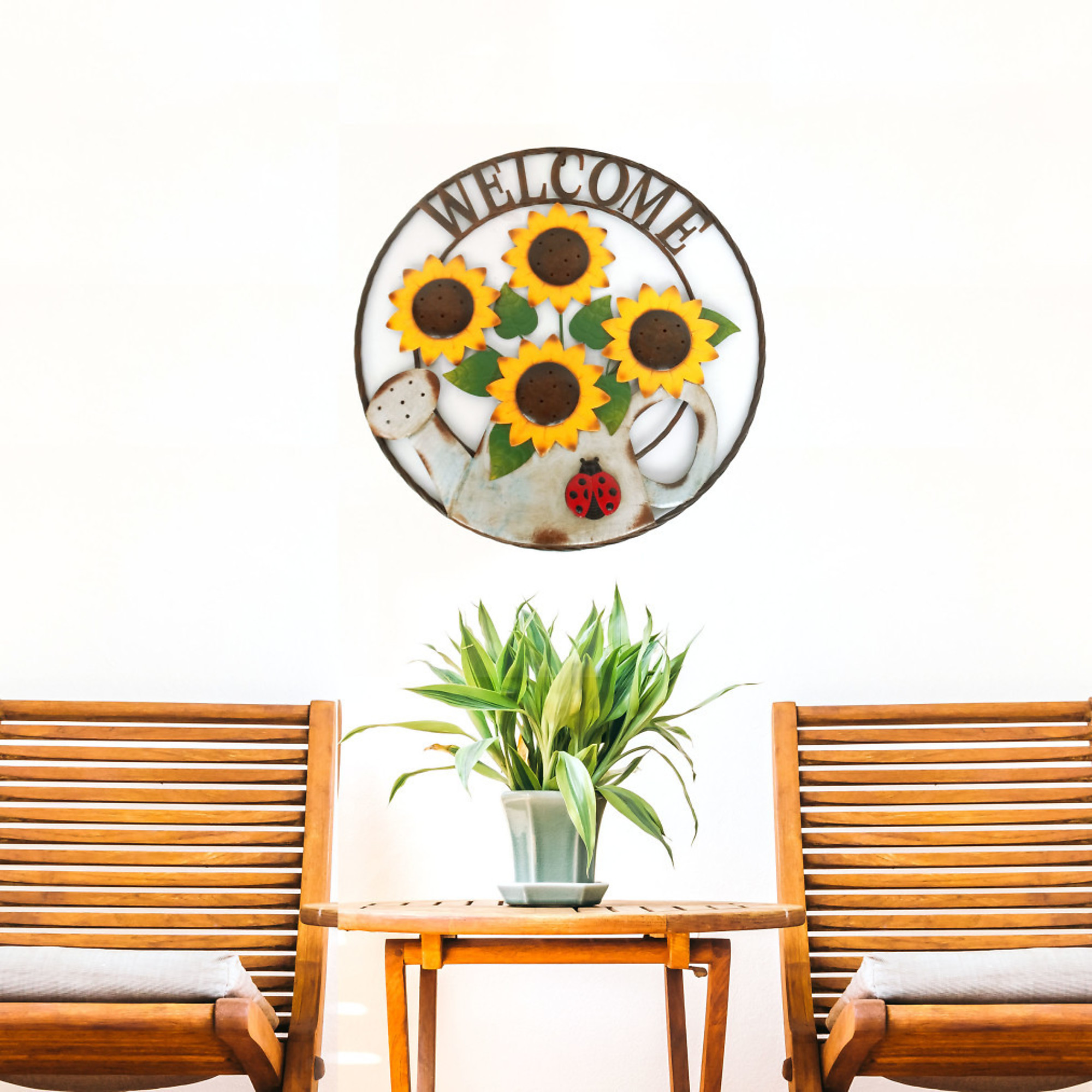 Alpine Corporation, Lrg Round Sunflowers Gardening Can 'Welcome' Decor, Model# SCC580L